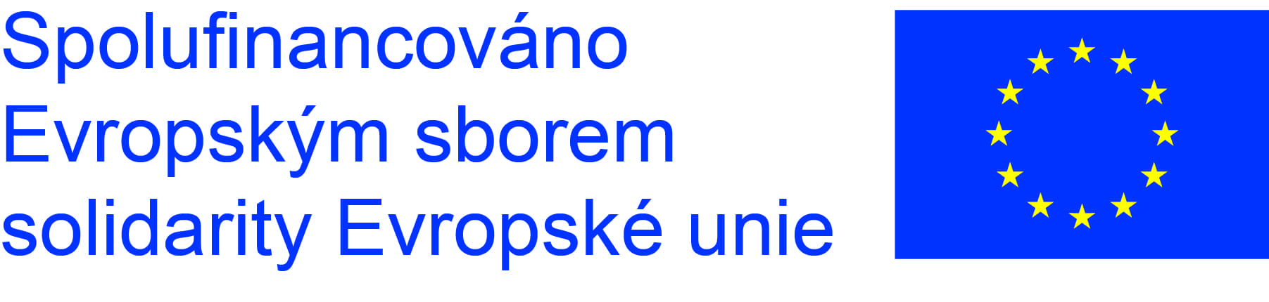 Vlevo nápis Spolufinancováno Evropským sborem solidarity Evropské unie. Vpravo vlajka Evropské unie - žluté hvězdy na modrém pozadí.
